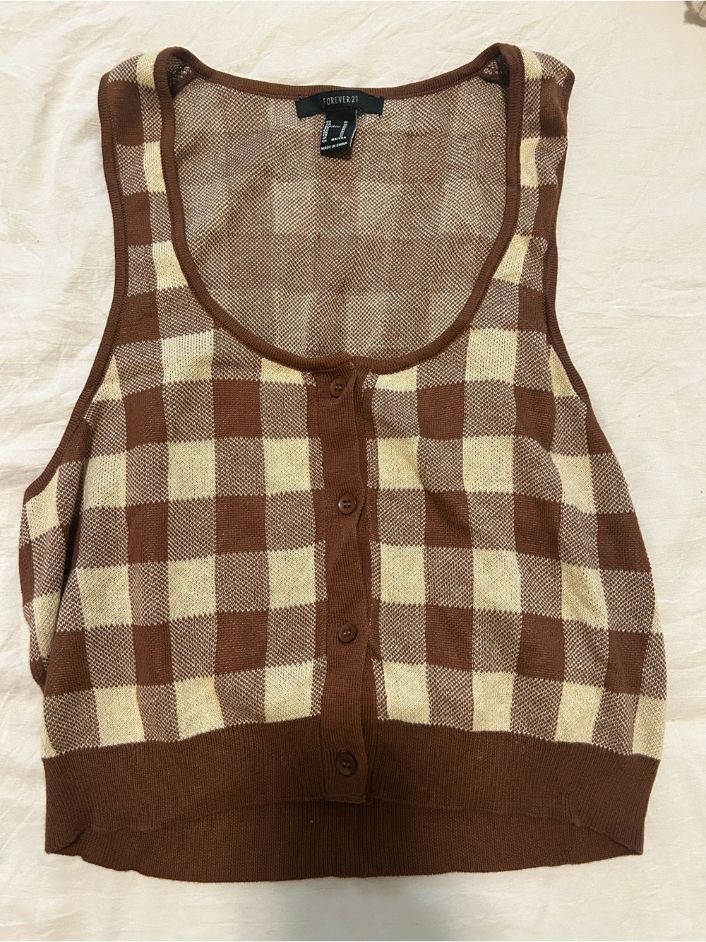 Forever 21 Brown & Cream Checkered Button-Front Cropped Tank